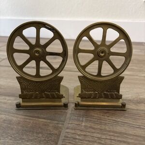 VTG Solid Brass Wagon‎ Wheel Book Ends ~  6" Tall ~ Foldable